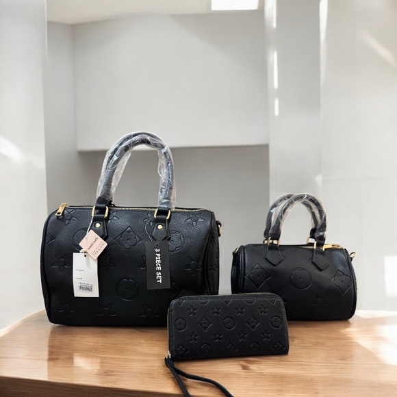 Black Satchel Set with Textured Design - Picture 1 of 8
